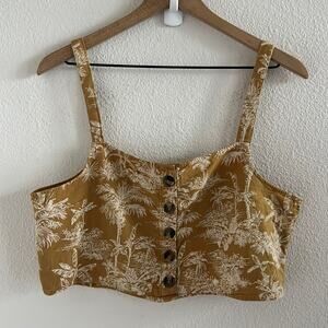 American Eagle Cotton Linen Smocked Back Cropped Tank Tropical Scene XL